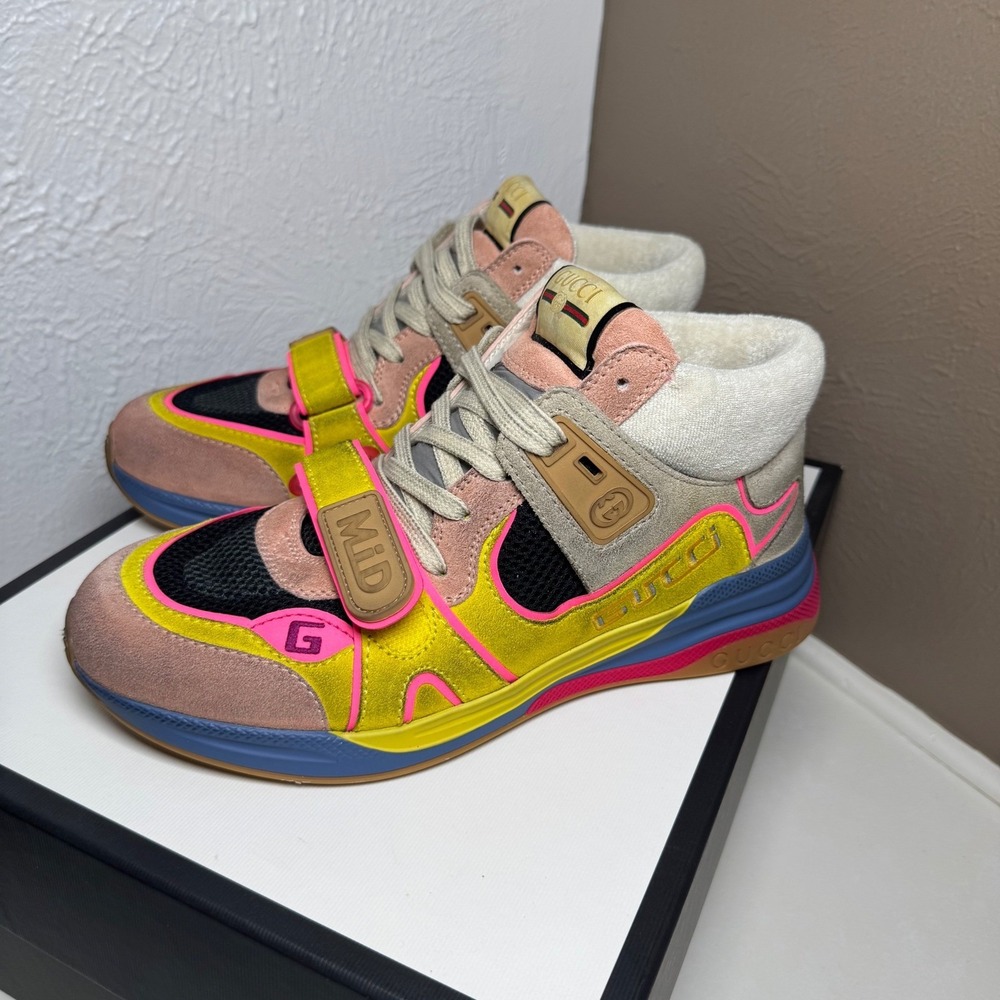 NEW Gucci Ultrapace RT Mid Top Sneakers Yellow Pink Blue M 6.5/ W 8-8.5 - Picture 2 of 15